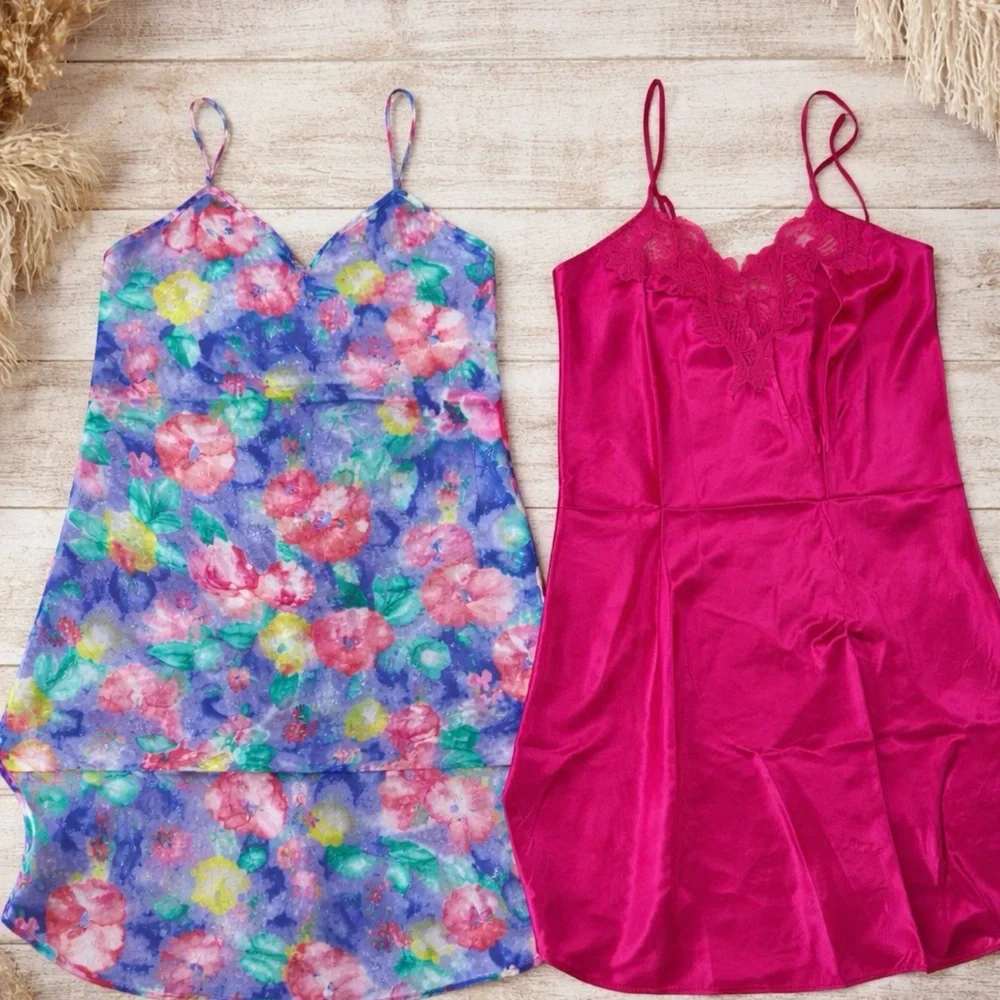 Vintage Satin Slip‎ Nightgown Lot Val Mode Floral Pink Lace Lingerie Y2K
